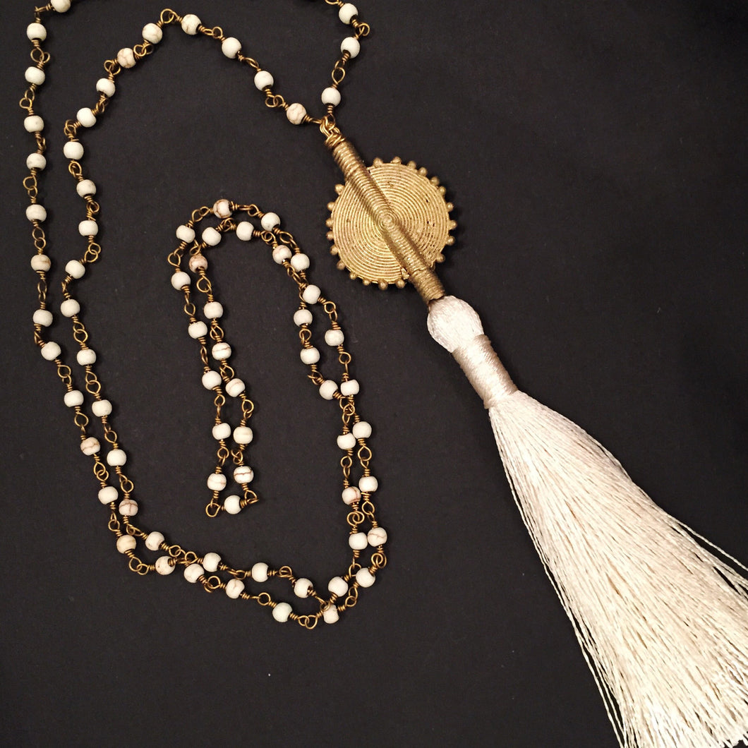 Silk ivory brass tassel necklace