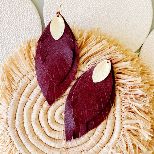 Cranberry leather Feather Earring